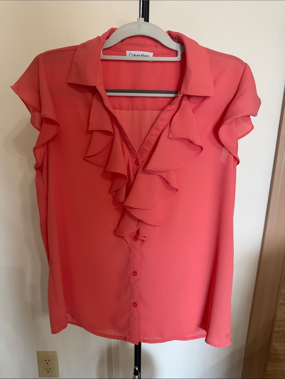 Calvin Klein Coral Ruffle Front Cap-Sleeve Blouse